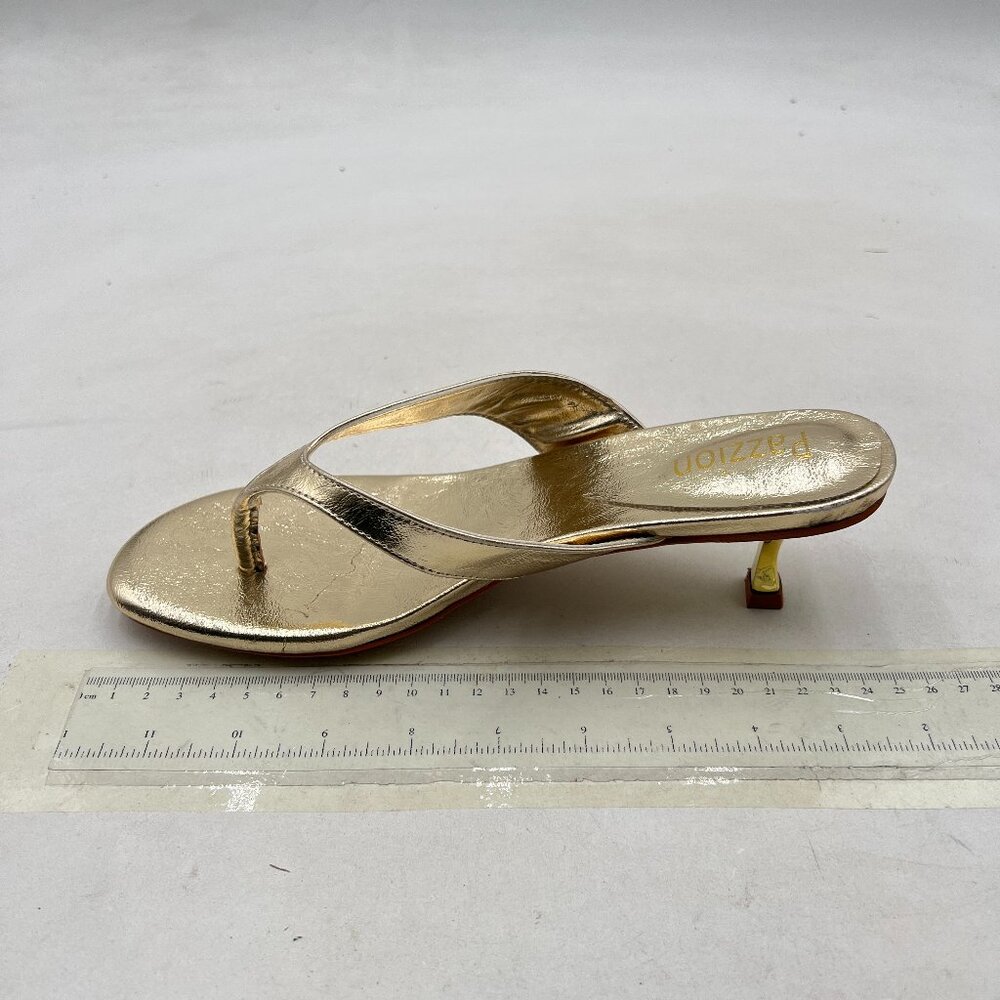 Pazzion Gold Open Toe Kitten Heels Flip Flops Slip On Low Heeled Thong Sandals